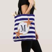 Nautical Navy Blue Stripes Starfish Monogram Beach Tote Bag (Dichtbij)
