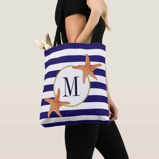 Nautical Navy Blue Stripes Starfish Monogram Beach Tote Bag (Dichtbij)