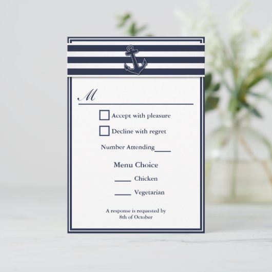 Nautical Navy Blue Swallows RSVP 2 Menu Keuze (Staand voorkant)