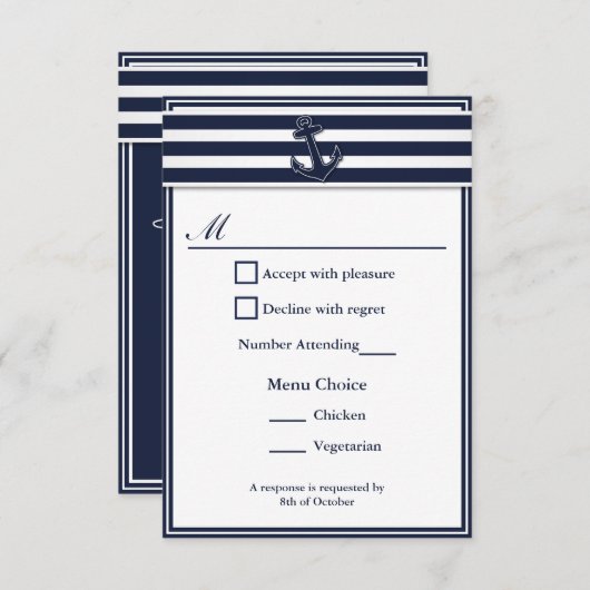 Nautical Navy Blue Swallows RSVP 2 Menu Keuze (Voorkant / Achterkant)