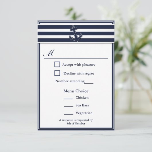 Nautical Navy Blue Swallows RSVP 3 Menu Keuze (Staand voorkant)