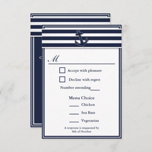 Nautical Navy Blue Swallows RSVP 3 Menu Keuze (Voorkant / Achterkant)