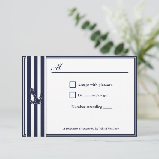Nautical Navy Blue Swallows RSVP Invitiation (Staand voorkant)