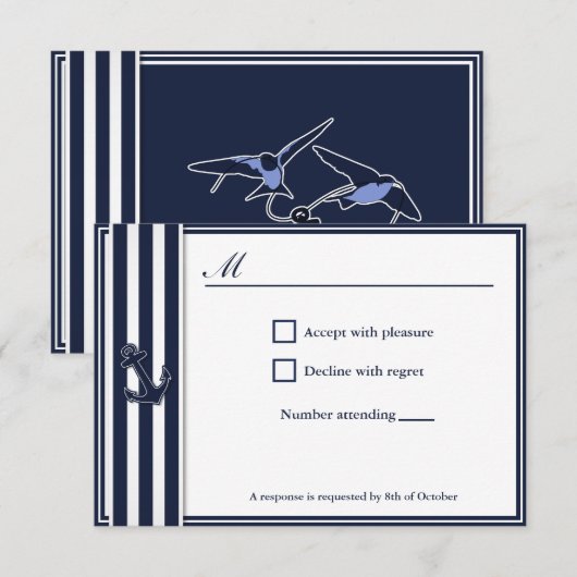 Nautical Navy Blue Swallows RSVP Invitiation Kaartje (Voorkant / Achterkant)