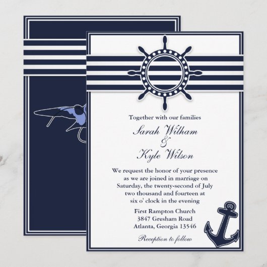 Nautical Navy Blue Swallows Wedding Invitation Kaart (Voorkant / Achterkant)