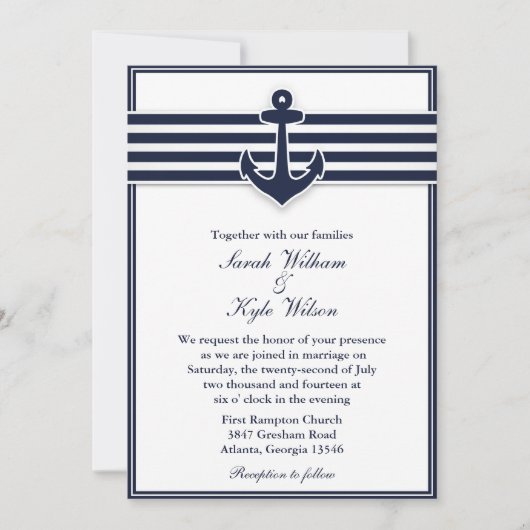 Nautical Navy Blue Swallows Wedding Invitation Kaart (Voorkant)