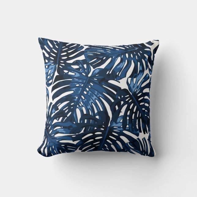 Nautical Navy Blue Tropical Oerwoud bladeren Kussen (Voorkant)