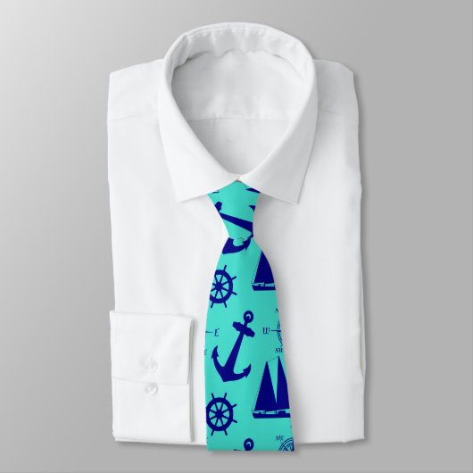 Nautical Navy Blue Turquoise Pattern Stropdas (Gebonden)