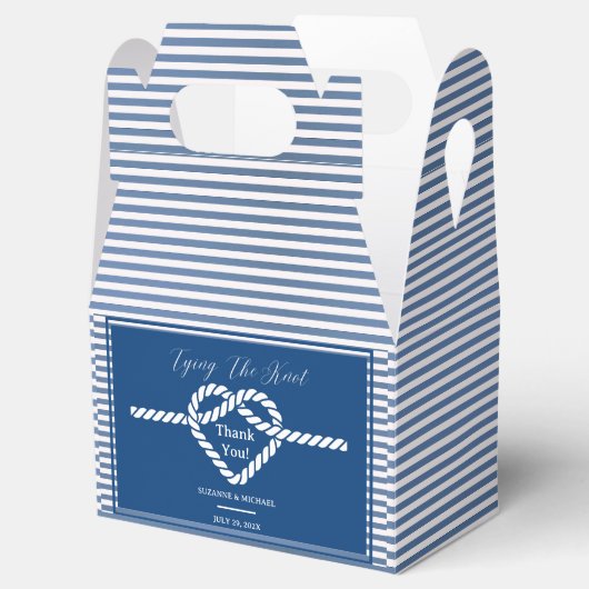 Nautical Navy Blue Tying Knot Stripes Bruiloft Bedankdoosjes (Geopend)