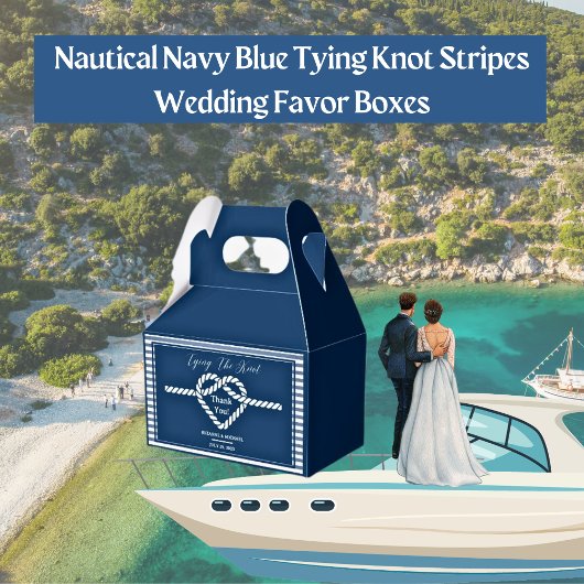 Nautical Navy Blue Tying Knot Stripes Bruiloft Bedankdoosjes