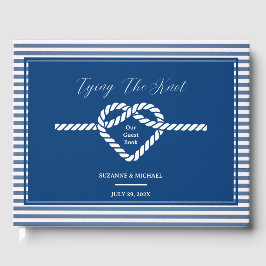 Nautical Navy Blue Tying Knot Stripes Bruiloft Gastenboek