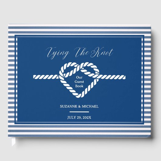 Nautical Navy Blue Tying Knot Stripes Bruiloft Gastenboek (Voorkant)