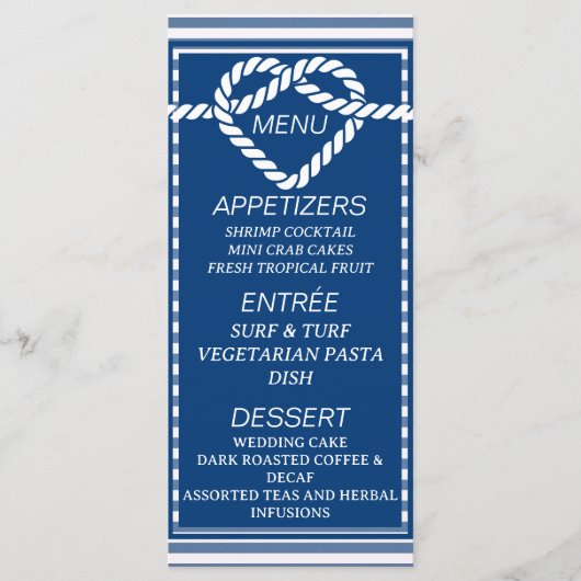 Nautical Navy Blue Tying Knot Stripes Bruiloft Menu (Voorkant)