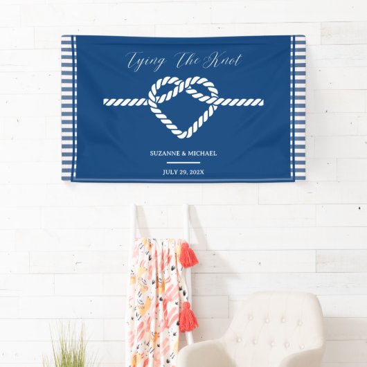 Nautical Navy Blue Tying Knot Stripes Bruiloft Spandoek (Insitu)