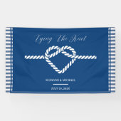 Nautical Navy Blue Tying Knot Stripes Bruiloft Spandoek (Horizontaal)