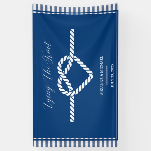Nautical Navy Blue Tying Knot Stripes Bruiloft Spandoek (Verticaal)
