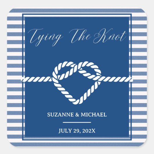 Nautical Navy Blue Tying Knot Stripes Bruiloft Vierkante Sticker (Voorkant)