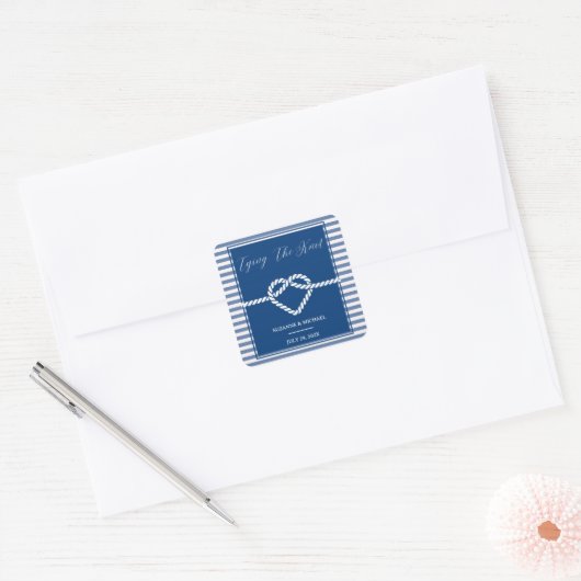 Nautical Navy Blue Tying Knot Stripes Bruiloft Vierkante Sticker (Envelop)