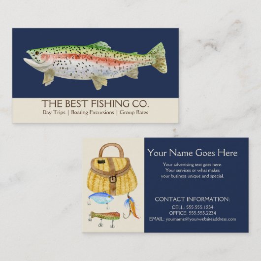 Nautical Navy Blue Vist het Meer charterboot Visitekaartje (Voorkant / Achterkant)