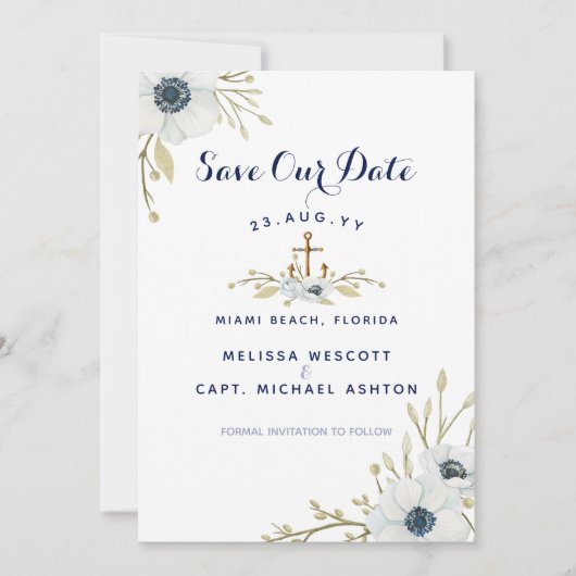 Nautical Navy Blue Waterverf Floral Wedding Save The Date (Voorkant)
