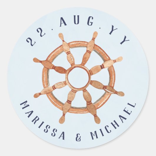 Nautical Navy Blue + Waterverf scheepswiel Ronde Sticker (Voorkant)