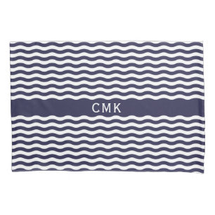 Nautical Navy Blue Waves Chic Beach House Monogram Kussensloop
