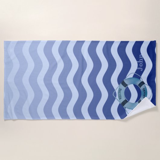 Nautical Navy Blue Waves Stripe Strandlaken (Voorkant)