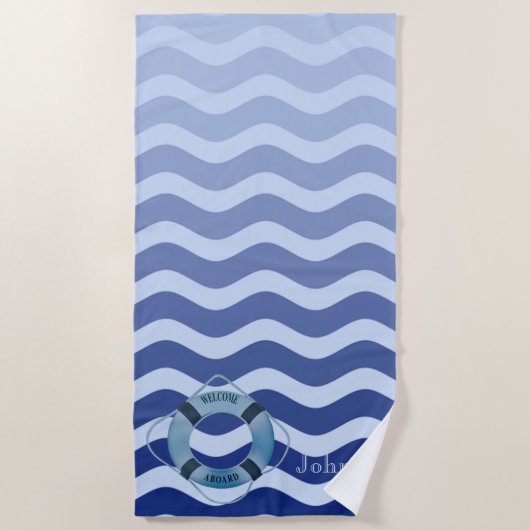 Nautical Navy Blue Waves Stripe Strandlaken (Voorkant)