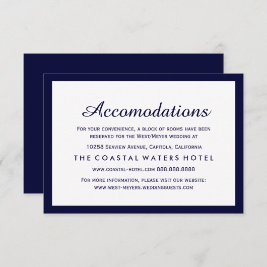 Nautical Navy Blue Wedding Accommodations Hotel Informatiekaartje (Voorkant / Achterkant)