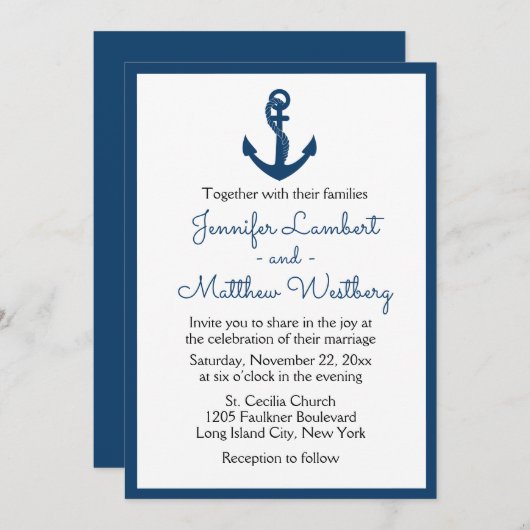 Nautical Navy Blue Wedding Anchor Sailor Beach Kaart (Voorkant / Achterkant)