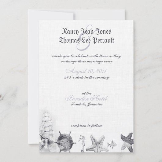 Nautical Navy Blue Wedding Invitation Kaart (Voorkant)