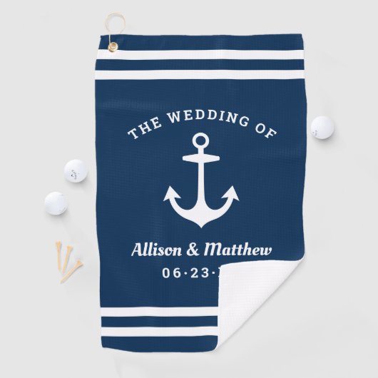 Nautical Navy Blue Wedding Monogram Boat Anchor Golfhanddoek (Insitu)
