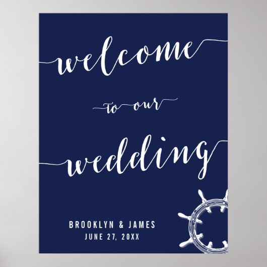 Nautical Navy Blue Wedding Reception Sign 22x28 Poster (Voorkant)