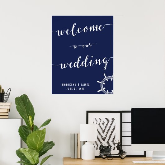 Nautical Navy Blue Wedding Reception Sign 22x28 Poster (Thuiskantoor)