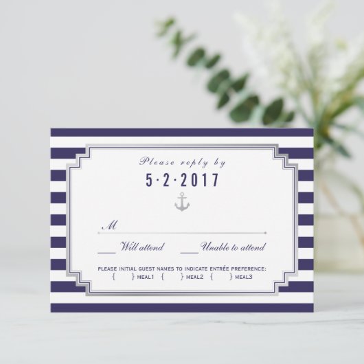 Nautical Navy Blue Wedding RSVP Kaart Meal Choice (Staand voorkant)