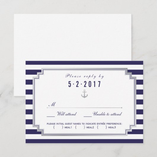 Nautical Navy Blue Wedding RSVP Kaart Meal Choice (Voorkant / Achterkant)