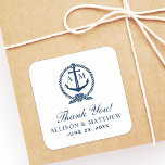 Nautical Navy Blue Wedding Wedding Wedding Bedankt Vierkante Sticker<br><div class="desc">De moderne preppy nautical bruiloft "Dank u" is de favoriete sticker met een trouwmonogram dat in een bootanker met lijst van de kabelknoop en douanetekst wordt getoond. Vierkante sticker met afgeronde hoeken. Navelblauw,  lichtgrijs en wit kleurenschema.</div>
