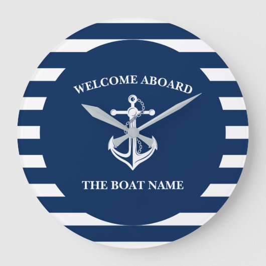 Nautical Navy Blue Welcome Aboard Boat Name Anchor Grote Klok (Voorkant)