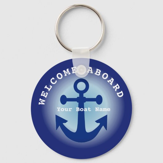 Nautical Navy Blue Welcome Aboard Boat Name Anchor Sleutelhanger (Voorkant)