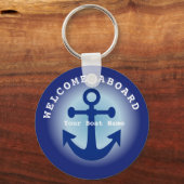 Nautical Navy Blue Welcome Aboard Boat Name Anchor Sleutelhanger (Voorkant)