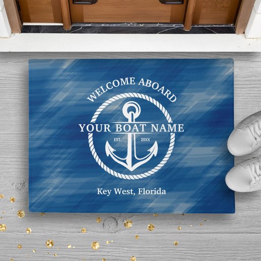 Nautical Navy Blue Welcome Aboard Name Anchor Deurmat