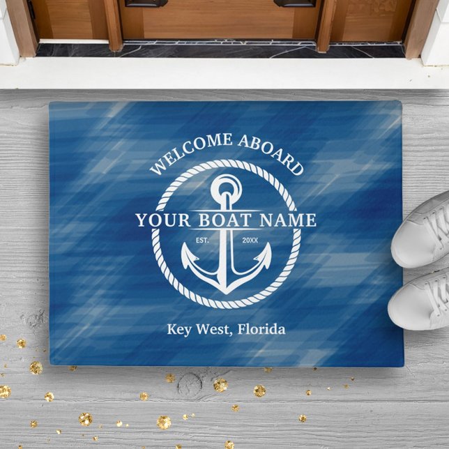 Nautical Navy Blue Welcome Aboard Name Anchor Deurmat (Nautical Navy Blue Welcome Aboard Boat Name Anchor Doormat)
