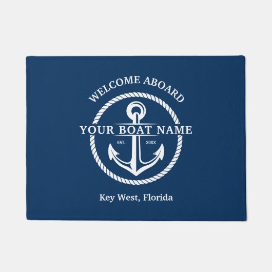 Nautical Navy Blue Welcome Aboard Name Anchor Deurmat (Voorkant)