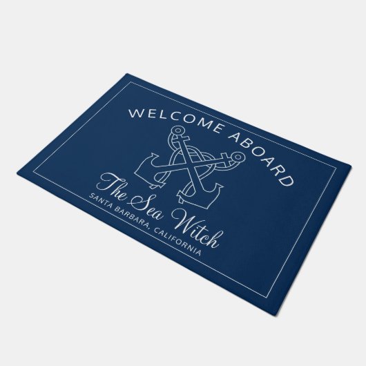 Nautical Navy Blue Welcome Aboard Name Anchor Deurmat (Schuin)