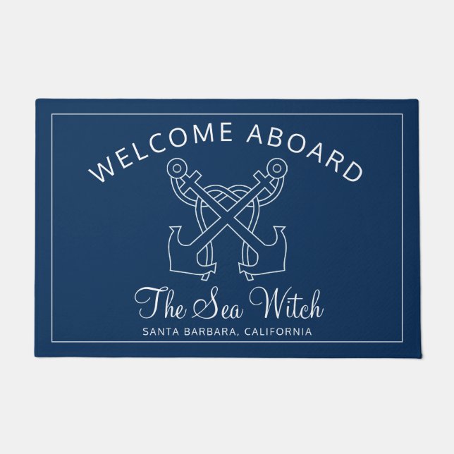 Nautical Navy Blue Welcome Aboard Name Anchor Deurmat (Voorkant)