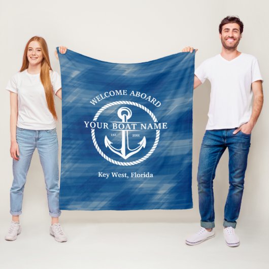Nautical Navy Blue Welcome Aboard Name Anchor Fleece Deken (In situ)