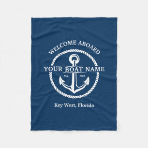 Nautical Navy Blue Welcome Aboard Name Anchor Fleece Deken