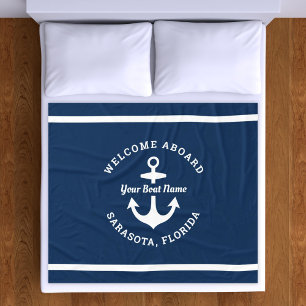 Nautical Navy Blue Welcome Aboard Name Anchor Fleece Deken