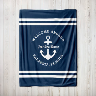 Nautical Navy Blue Welcome Aboard Name Anchor Fleece Deken