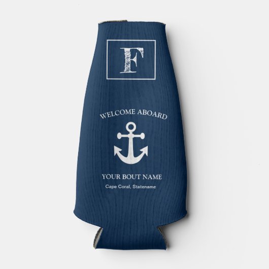 Nautical Navy Blue Welcome Aboard Name Anchor Flesjeskoeler (Voorkant)